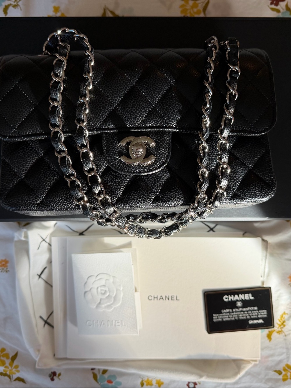 CHANEL medium flap black caviar silver chain